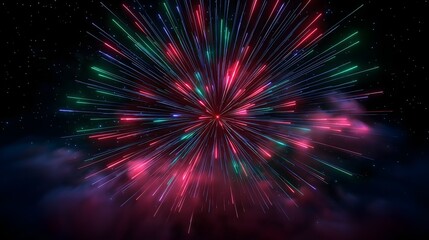 Fototapeta premium Dynamic frame of multicolored fireworks bursting in night sky with sparkling trails and vivid colors
