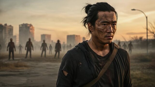 A lone survivor stands resolute against the backdrop of a desolate landscape filled with shadowy figures, symbolizing the struggle for survival in a post-apocalyptic world.