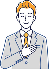 Cartoon illustration of person in suit with orange hair, hand on chest, sincerity gesture, respect, pledge, professional appearance, formal attire, lifestyle, vector