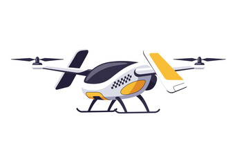 A dronestyle flying taxi with taxi markings rotor wings and landing skids