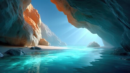 A surreal underwater tunnel formed by towering limestone cliffs, with deep cerulean water fading into blackness, evoking a sense of adventure