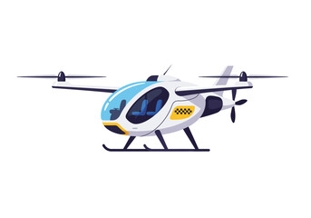A cartoon air taxi resembling a small helicopter is white with yellow taxi markings and blue windows © G Factory
