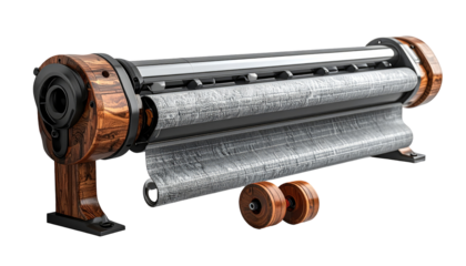 Industrial machine with wooden accents