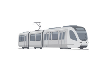 A light gray modern tram stands on a white background