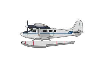 A light gray seaplane with blue details floats and propellers is centered on a white background