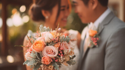 Beautiful couple holding bouquet of peach and pink roses in natural light during intimate outdoor wedding ceremony surrounded by greenery and soft smiles.