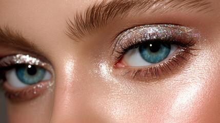 Fototapeta premium Glistening eyes with shimmering makeup create captivating and enchanting look. sparkling eyeshadow enhances natural beauty, reflecting light beautifully