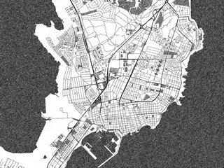Black and white illustrated map of Torrevieja, Spain, with streets, rivers, and neighborhoods.