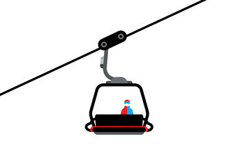 A ski lift chair carries two people up a snowy mountain supported by a cable