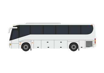 A white coach bus with tinted windows is viewed from its side © G Factory