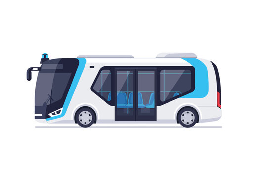 A white blue and black autonomous bus with sliding doors and rows of seats is viewed in a cartoonstyle illustration