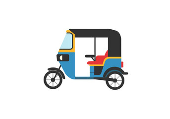 Auto rickshaw icon in blue with a red seat black roof and two black wheels © G Factory