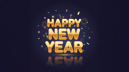 Happy New Year 3D Text in Shiny Gold Color on Festive Celebration Event Background, Modern 3D Cartoon Illustration Style for Holiday Greeting, Party Design, Decorative Banner and Seasonal Artwork