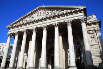 The Royal Exchange founded in 1566 at the junction of Threadneedle Street and Cornhill which is a popular tourist travel destination attraction landmark, British heritage stock photo image
