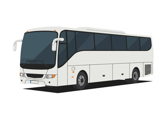 White coach bus with tinted windows and detailed design on a solid white background