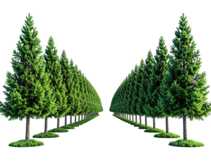 A symmetrical avenue of evergreen trees