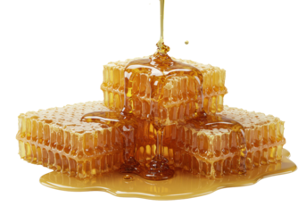 Amber honeycomb pieces with hexagonal cells, thick golden honey dripping onto a shimmering pool on transparent background, macro shot, creamy bokeh. Concept of natural sweetness and purity.