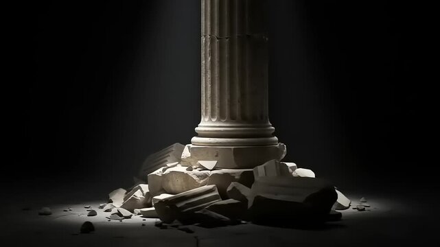Broken column in dark space with scattered stones