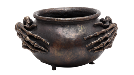 Halloween cauldron with skeletal hands isolated on transparent background