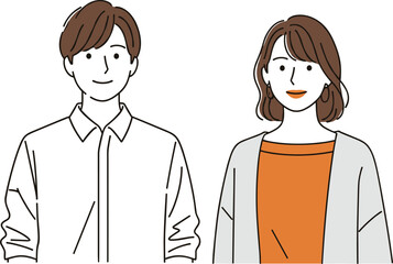 Cartoon illustration of two people, casual clothing, friendly expression, modern flat style, clean lines, minimal shading, approachable design, lifestyle, relationship, portrait, vector
