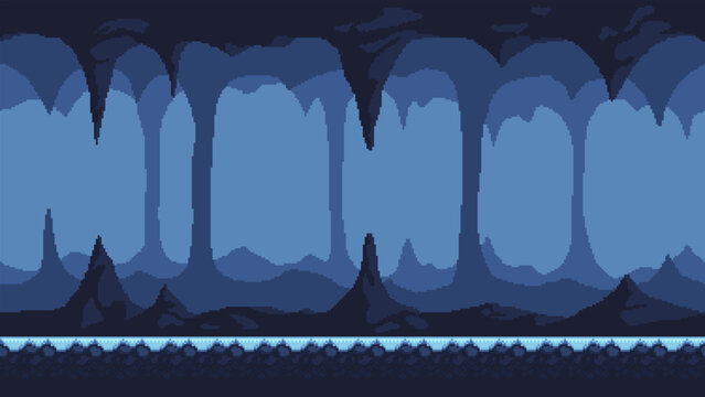 Pixel art frozen cave with stalactites and cold underground scenery. Retro 8-bit style icy background for platform games and fantasy environments. Vector, seamless when docking horizontally.