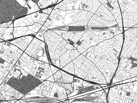 Black and white cartographic illustration of Drancy, France, in hand-drawn sketch form.
