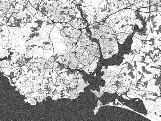 Black and white illustrated map of Lorient, France, with streets, rivers, and neighborhoods.