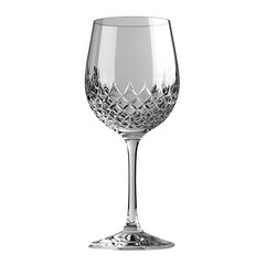 Elegant crystal wine glass with intricate diamond cut patterns on the bowl and stem isolated on transparent background