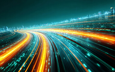 High-speed light trails showing urban technology and connectivity