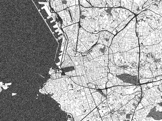 Naklejka premium Black and white illustrated map of Marseille, France, with streets, rivers, and neighborhoods.