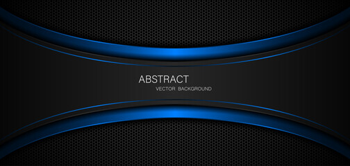 Abstract black and blue curves with blue lines on dark steel mesh background. with free space for design. modern technology innovation concept background	