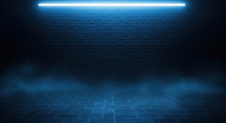 Dark Blue Neon Light Stage with Smoke and Brick Wall