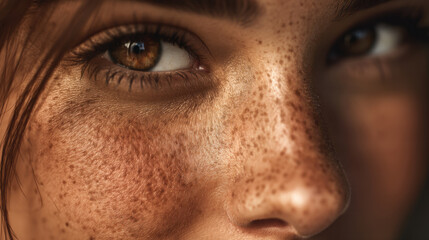 Naklejka premium Close up portrait showcasing young woman with striking brown eyes and complexion adorned with freckles. image captures natural beauty and texture of her skin, evoking sense of warmth