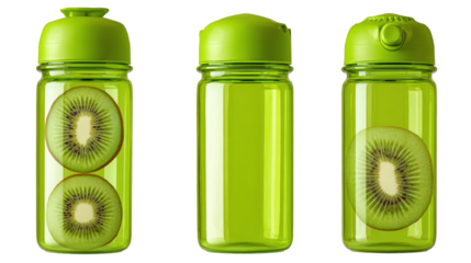 Hydration trio, three green water bottles promoting refreshment and wellbeing three