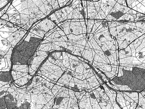 Hand-drawn black and white city map of Paris, France, ready for wall art or editorial projects.