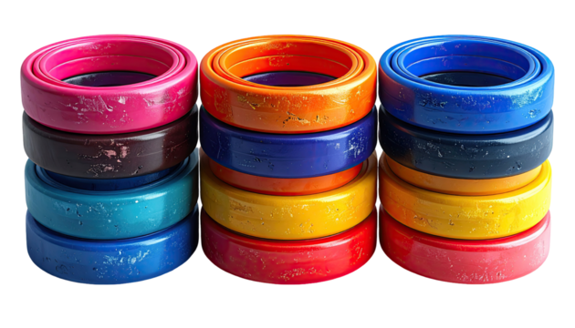 Colorful rings stacked in rows