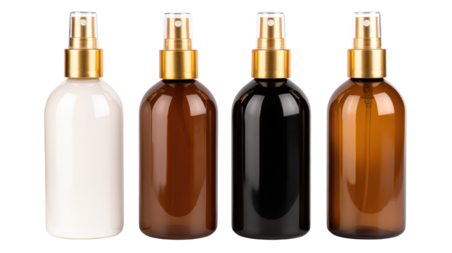 Elegant arrangement of three goldcapped bottles and a single black white contrast bottle