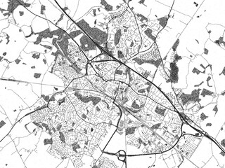 Detailed artistic sketch map of Ashford, United Kingdom, in monochrome black and white.