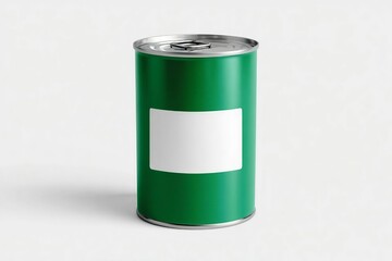 A green can with a blank white label isolated on white background, ideal for showcasing product branding, food preservation, and packaging design in a clean, minimalist style