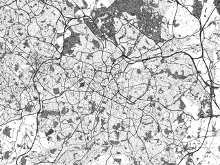 Black and white cartographic illustration of Birmingham, United Kingdom, in hand-drawn sketch form.