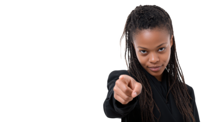 Young woman engaging with audience, direct gaze and pointing gesture captures attention
