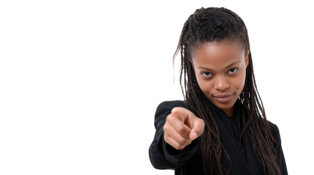Young woman engaging with audience, direct gaze and pointing gesture captures attention