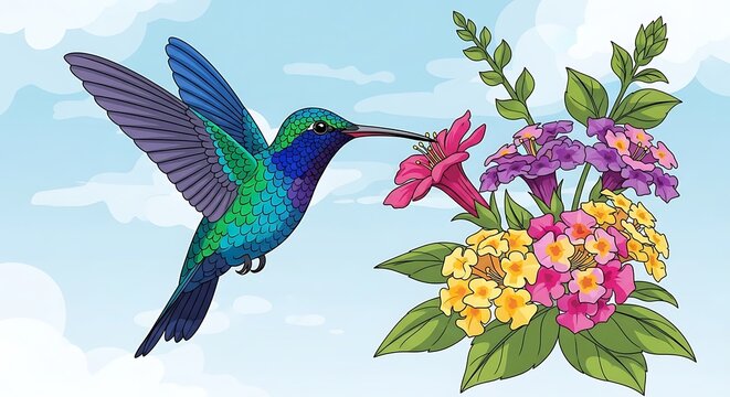 Hummingbird Feeds on Flower.