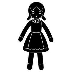 Simple black and white illustration of a classic styled rag doll figure