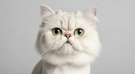 Stunning studio portrait of a fluffy silver chinchilla Persian cat with mesmerizing green eyes and a serious expression against a plain background