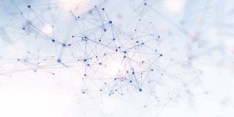 Digital connections and nodes linked through geometric lines, creating an abstract structure with glowing highlights, orange accents, and blurred white particles, symbolizing complexity, networking, 