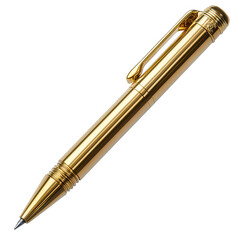 Elegant polished gold ballpoint pen with intricate detailing and a classic clip isolated on transparent background