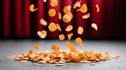 Colorful potato chips fall on a dark surface in front of a red curtain, creating a playful and dynamic scene filled with crispy pieces