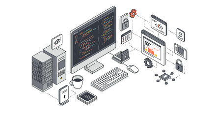 Isometric office technology setup with coding and security elements vector illustration for tech themed designs