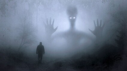 Fototapeta premium Scary Monster in Foggy Forest, horror scene with a man encountering a giant alien or ghost in the dark mist